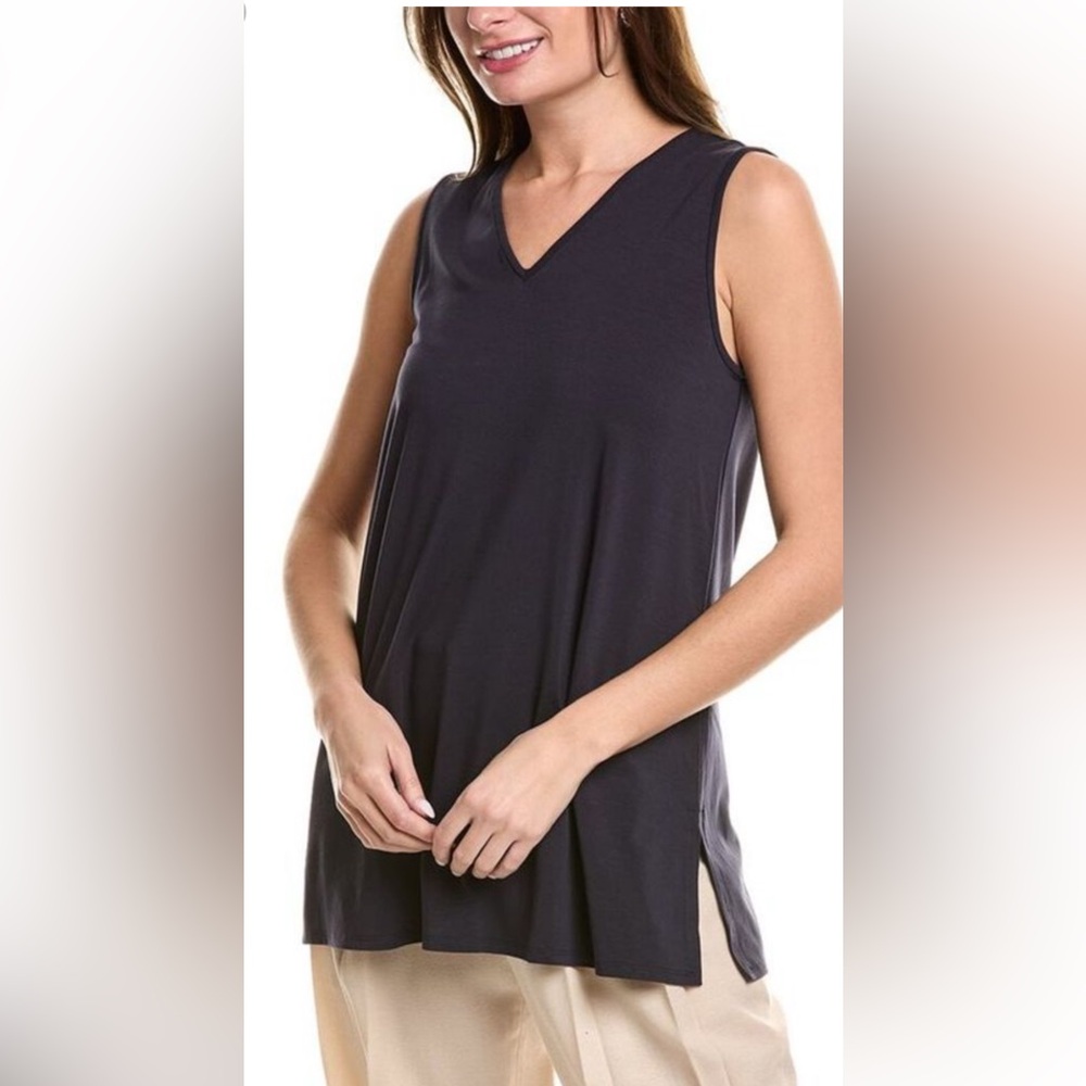 Eileen Fisher V-Neck‎ Sleeveless Tencel™ Lyocell Medium Black Shirt